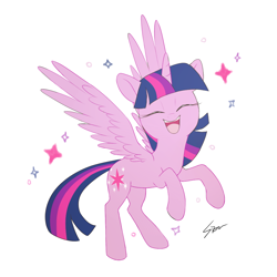 Size: 1000x1000 | Tagged: safe, artist:sion, imported from derpibooru, twilight sparkle, alicorn, pony, backwards cutie mark, cute, eyes closed, female, mare, open mouth, ponytober, rearing, simple background, smiling, solo, spread wings, twiabetes, twilight sparkle (alicorn), weapons-grade cute, white background, wings