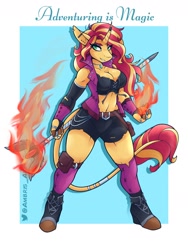 Size: 1800x2400 | Tagged: safe, artist:ambris, imported from derpibooru, sunset shimmer, anthro, unguligrade anthro, unicorn, adventuring is magic, breasts, busty sunset shimmer, cleavage, clothes, description at source, dungeons and dragons, ear piercing, fantasy class, female, fiery shimmer, fire, magic staff, muscles, muscular female, pen and paper rpg, piercing, pouch, pyromancy, redraw, rpg, shoes, shorts, socks, sorcerer, sorceress, sunset lifter, vest