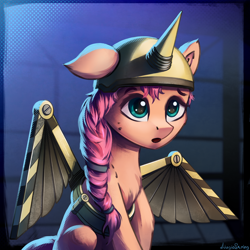 Size: 4000x4000 | Tagged: safe, artist:adagiostring, imported from derpibooru, sunny starscout, alicorn, earth pony, pony, spoiler:my little pony: a new generation, confused, cute, fake horn, fake wings, female, g5, helmet, mare, my little pony: a new generation, one ear down, open mouth, scene interpretation, solo, wings