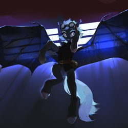 Size: 3000x3000 | Tagged: safe, artist:yanisfucker, imported from derpibooru, oc, oc only, bat pony, semi-anthro, bat pony oc, belt, clothes, female, flying, glasses, high res, looking at you, mare, solo, transparent wings, wings