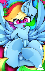 Size: 2894x4592 | Tagged: safe, artist:ahekao, imported from derpibooru, rainbow dash, pegasus, pony, angry, blushing, covering, embarrassed, female, lying down, on back, solo, underhoof