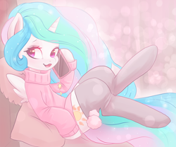 Size: 960x800 | Tagged: safe, artist:valeria_fills, imported from derpibooru, princess celestia, alicorn, pony, cellphone, clothes, cute, cutelestia, ethereal mane, female, mare, phone, socks, solo, sweater, talking on phone, thigh highs