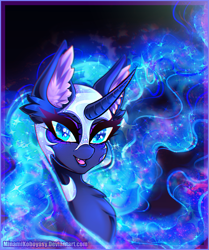 Size: 2039x2438 | Tagged: safe, artist:minamikoboyasy, imported from derpibooru, nightmare moon, alicorn, pony, bust, chromatic aberration, curved horn, ear fluff, ethereal mane, female, high res, horn, mare, portrait, solo