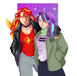 Size: 865x850 | Tagged: safe, artist:xaotl, imported from derpibooru, starlight glimmer, sunset shimmer, human, choker, clothes, duo, female, humanized, jacket, jeans, lesbian, pants, partial background, shimmerglimmer, shipping, shirt