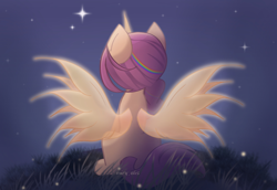 Size: 1600x1100 | Tagged: safe, artist:miryelis, imported from derpibooru, sunny starscout, alicorn, pony, spoiler:my little pony: a new generation, artificial wings, augmented, female, g5, magic, magic horn, magic wings, mane stripe sunny, my little pony: a new generation, night, princess sunny starscout, race swap, solo, sunnycorn, wings