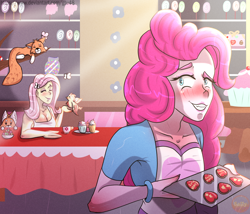 Size: 1920x1644 | Tagged: safe, artist:gtu48, imported from derpibooru, fluttershy, pinkie pie, bird, fox, equestria girls, blushing, cookie, domestic, female, flutterpie, food, heart, lesbian, shipping