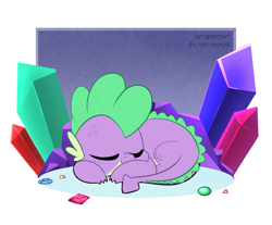 Size: 1323x1094 | Tagged: safe, artist:syrupyyy, imported from derpibooru, spike, dragon, crystal, cute, male, ponytober, sleeping, solo, spikabetes