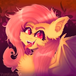 Size: 3500x3500 | Tagged: safe, artist:yumkandie, imported from derpibooru, fluttershy, bat pony, pony, bat ponified, bust, chest fluff, female, flutterbat, high res, messy mane, race swap, solo, tongue out