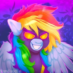 Size: 3500x3500 | Tagged: safe, artist:yumkandie, imported from derpibooru, rainbow dash, pegasus, pony, clothes, costume, female, goggles, grin, high res, shadowbolt dash, shadowbolts costume, smiling, solo