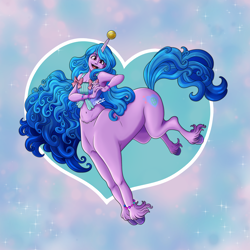 Size: 3000x3000 | Tagged: safe, artist:cxxy, imported from derpibooru, izzy moonbow, centaur, pony, taur, unicorn, ball, centaurified, colored hooves, female, g5, heart, high res, horn, hornball, izzy's tennis ball, my little pony: a new generation, solo, species swap, tennis ball, unshorn fetlocks