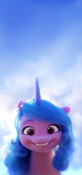 Size: 2165x4638 | Tagged: safe, artist:thefloatingtree, edit, edited screencap, imported from derpibooru, screencap, izzy moonbow, pony, unicorn, spoiler:my little pony: a new generation, bust, female, g5, looking at you, mare, my little pony: a new generation, phone wallpaper, smiling, smiling at you, solo