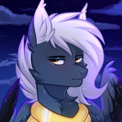 Size: 3000x3000 | Tagged: safe, artist:pesty_skillengton, imported from derpibooru, oc, oc only, oc:tempest streamrider, pegasus, pony, armor, bust, ear fluff, full color, high res, looking at you, male, sky, solo, stallion