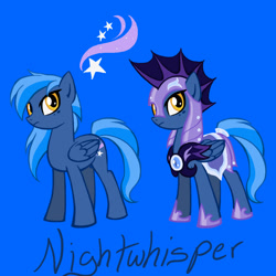 Size: 1000x1000 | Tagged: safe, artist:vaiya, imported from derpibooru, oc, oc only, oc:night whispers, pegasus, pony, armor, blue background, duo, female, guardsmare, hoof shoes, mare, night guard, pegasus oc, royal guard, simple background, wings