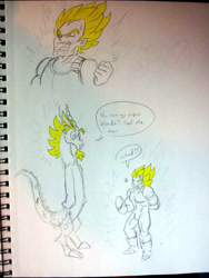 Size: 768x1024 | Tagged: safe, artist:vaiya, imported from derpibooru, discord, draconequus, human, crossover, discord being discord, dragon ball, dragon ball z, humiliation, inconvenient discord, male, partial color, roasted, super saiyan, that's no special, traditional art, vegeta