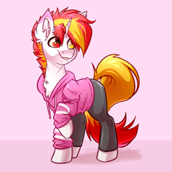 Size: 4000x4000 | Tagged: safe, artist:witchtaunter, imported from derpibooru, oc, oc only, oc:shyfire, pony, unicorn, chest fluff, clothes, commission, ear fluff, heterochromia, hoodie, male, pants, simple background, solo