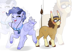 Size: 2100x1528 | Tagged: safe, artist:dedonnerwolke, imported from derpibooru, oc, oc only, oc:tranquil feather, oc:wandering mind, donkey, goat, goat pony, pegasus, pony, blushing, cloven hooves, earbuds, glasses, music player, one eye closed, pegasus oc, raised hoof, smiling, wings, wink, zoom layer