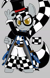 Size: 1280x1963 | Tagged: safe, artist:tenebrousmelancholy, imported from derpibooru, oc, oc:checkerboard, anthro, pony, unguligrade anthro, clothes, coat markings, digital art, glasses, hat, male, pattern, requested art, simple background, stallion, suit, tipping, top hat, wingless, wingless anthro