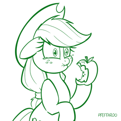 Size: 2048x2048 | Tagged: safe, artist:pfeffaroo, imported from derpibooru, applejack, earth pony, pony, apple, food, herbivore, high res, monochrome, scrunchy face, simple background, solo, sour, white background