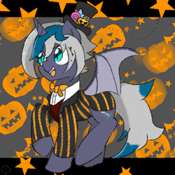 Size: 768x768 | Tagged: safe, artist:metaruscarlet, imported from derpibooru, oc, oc only, oc:elizabat stormfeather, alicorn, bat pony, bat pony alicorn, pony, alicorn oc, bat pony oc, bat wings, bowtie, clothes, female, halloween, hat, holiday, horn, jack-o-lantern, mare, open mouth, pumpkin, raised hoof, raised leg, shirt, solo, stars, suit, top hat, vest, wings