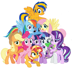 Size: 1280x1174 | Tagged: safe, artist:mlpfan3991, imported from derpibooru, applejack, fluttershy, pinkie pie, rainbow dash, rarity, spike, starlight glimmer, sunset shimmer, trixie, twilight sparkle, oc, oc:flare spark, alicorn, dragon, earth pony, pegasus, pony, unicorn, equestria girls, group, mane seven, mane six, simple background, smiling, transparent background, twilight sparkle (alicorn), winged spike, wings