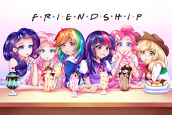 Size: 1280x854 | Tagged: safe, artist:autumn rush, imported from derpibooru, applejack, fluttershy, pinkie pie, rainbow dash, rarity, sci-twi, twilight sparkle, human, equestria girls, anime style, crossover, f.r.i.e.n.d.s, humane five, humane six, humanized, parody, smiling