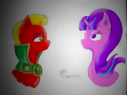 Size: 640x480 | Tagged: safe, artist:gafelpoez, imported from derpibooru, sprout cloverleaf, starlight glimmer, earth pony, female, g5, joseph sprout, male, my little pony: a new generation, s5 starlight, spanish description