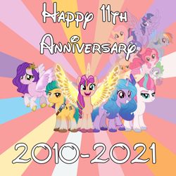 Size: 1000x1000 | Tagged: safe, artist:emeraldblast63, artist:miketheelephantbrony, imported from derpibooru, applejack, fluttershy, hitch trailblazer, izzy moonbow, pinkie pie, pipp petals, rainbow dash, rarity, spike, sunny starscout, twilight sparkle, zipp storm, alicorn, disney font, g5, mane six, mlp fim's eleventh anniversary, twilight sparkle (alicorn)