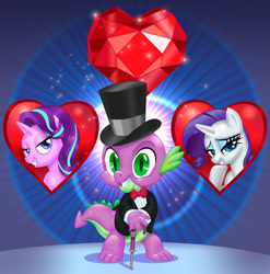 Size: 1280x1298 | Tagged: safe, artist:art-2u, imported from derpibooru, rarity, spike, starlight glimmer, cane, choose your wife, clothes, female, hat, heart, male, shipping, sparity, sparlight, straight, top hat, tuxedo