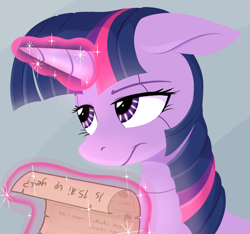 Size: 1160x1086 | Tagged: safe, artist:hattsy, imported from ponybooru, twilight sparkle, pony, robot, robot pony, ears, female, floppy ears, frown, lidded eyes, looking sideways, magic, mare, scroll, solo, telekinesis, unamused