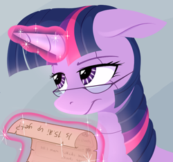 Size: 1160x1086 | Tagged: safe, alternate version, artist:hattsy, imported from ponybooru, twilight sparkle, pony, robot, robot pony, ears, female, floppy ears, frown, glasses, lidded eyes, looking sideways, magic, mare, scroll, solo, telekinesis, unamused