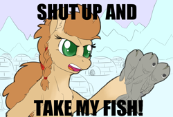 Size: 1869x1273 | Tagged: safe, artist:snspony, oc, oc only, fish, pony, ear fluff, female, hoof hold, igloo, mare, meme, open mouth, ponified, shut up and take my money, snowpony (species), solo, taiga pony, text, village