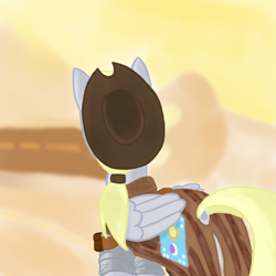 Size: 900x900 | Tagged: safe, artist:squishment, derpy hooves, pegasus, pony, blurred background, clothes, crossover, equestrian flag, fallout: new vegas, featured image, hat, mare, solo