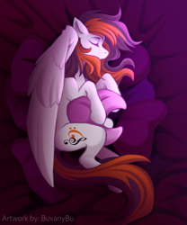 Size: 5906x7087 | Tagged: safe, artist:buvanybu, imported from derpibooru, oc, oc only, oc:rainy sky, pegasus, pony, bed, bedsheets, commission, female, hug, mare, pillow, pillow hug, sleeping, solo, wings, ych result