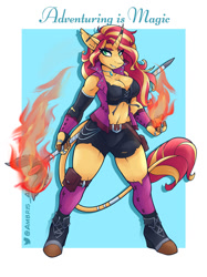 Size: 1024x1366 | Tagged: safe, artist:ambris, imported from derpibooru, sunset shimmer, anthro, equestria girls, breasts, busty sunset shimmer, clothes, dungeons and dragons, ear piercing, female, fiery shimmer, fire, magic staff, muscles, muscular female, pen and paper rpg, piercing, pouch, rpg, shoes, shorts, socks, sorcerer, vest