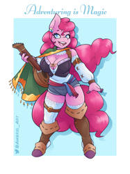 Size: 1024x1366 | Tagged: safe, artist:ambris, imported from derpibooru, pinkie pie, anthro, earth pony, bard, big breasts, boots, breasts, busty pinkie pie, cape, cleavage, clothes, dungeons and dragons, fantasy class, lute, musical instrument, pen and paper rpg, rpg, shoes