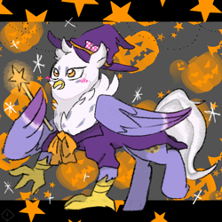 Size: 768x768 | Tagged: safe, artist:metaruscarlet, imported from derpibooru, oc, oc only, oc:gerbera, hippogriff, blushing, cape, clothes, female, halloween, hat, hippogriff oc, holiday, jack-o-lantern, pumpkin, solo, stars, wand, witch, witch costume, witch hat