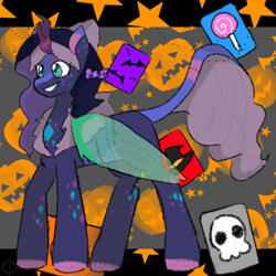 Size: 768x768 | Tagged: safe, artist:metaruscarlet, imported from derpibooru, oc, oc only, oc:popsicle dagger, changedling, changeling, hybrid, kirin, changedling oc, changeling oc, genderfluid, grin, halloween, holiday, jack-o-lantern, kirin oc, leonine tail, markings, pumpkin, smiling, solo, stars, tail, tarot, tarot card