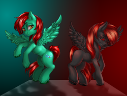 Size: 3928x2976 | Tagged: safe, artist:leastways, imported from derpibooru, oc, oc only, oc:negahedron, oc:tetrahedron, pegasus, pony, blank flank, commission, cutie mark, duality, evil, evil counterpart, evil grin, flying, good, good and evil, grin, happy face, high res, looking at each other, male, negative energy, pegasus oc, ponysona, positive energy, shiny mane, smiling, spread wings, stallion, wings