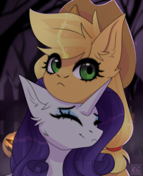 Size: 1984x2448 | Tagged: safe, artist:elektra-gertly, imported from derpibooru, applejack, rarity, earth pony, pony, unicorn, cute, duo, eyes closed, female, halloween, holiday, jack-o-lantern, jackabetes, lesbian, pumpkin, raribetes, rarijack, shipping, smiling, snuggling