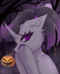 Size: 1984x2448 | Tagged: safe, artist:elektra-gertly, imported from derpibooru, oc, oc only, oc:hazel radiate, pony, unicorn, colored hooves, cute, ear fluff, eyebrows, eyelashes, female, full moon, gift art, halloween, highlights, holiday, hoof on face, horn, jack-o-lantern, mare, moon, night, ponytail, pumpkin, purple eyes, scared, solo, unicorn oc