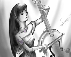 Size: 960x768 | Tagged: safe, artist:styber, imported from derpibooru, octavia melody, human, alternative cutie mark placement, bow (instrument), cello, cello bow, clothes, cutie mark on human, dress, eyes closed, female, humanized, monochrome, musical instrument, partial color, shoulder cutie mark, solo