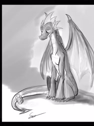 Size: 2121x2828 | Tagged: safe, artist:styber, imported from derpibooru, spike, dragon, fanfic:like fine wine, gem, grayscale, high res, male, monochrome, older, older spike, sitting, solo