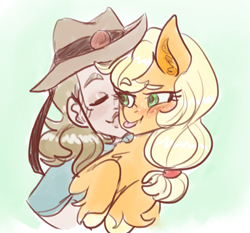 Size: 1313x1222 | Tagged: safe, artist:mimiporcellini, imported from derpibooru, applejack, earth pony, human, cheek kiss, crossover, crossover shipping, female, hol horse, holjack, interspecies, jojo's bizarre adventure, kissing, male, shipping, straight