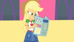 Size: 3410x1920 | Tagged: safe, imported from derpibooru, screencap, applejack, equestria girls, equestria girls series, rollercoaster of friendship, applejack's hat, belt, clothes, cowboy hat, cutie mark, cutie mark on clothes, denim skirt, female, geode of super strength, hat, high res, jewelry, magical geodes, necklace, skirt, solo