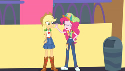 Size: 3410x1920 | Tagged: safe, imported from derpibooru, screencap, applejack, pinkie pie, equestria girls, equestria girls series, rollercoaster of friendship, applejack's hat, belt, boots, clothes, cowboy boots, cowboy hat, cutie mark, cutie mark on clothes, denim skirt, female, geode of super strength, hat, high res, jewelry, magical geodes, necklace, open mouth, shoes, skirt