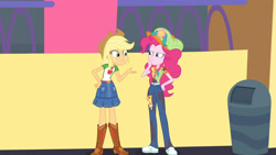 Size: 3410x1920 | Tagged: safe, imported from derpibooru, screencap, applejack, pinkie pie, equestria girls, equestria girls series, rollercoaster of friendship, applejack's hat, belt, boots, clothes, cowboy boots, cowboy hat, cutie mark, cutie mark on clothes, denim skirt, female, geode of super strength, hat, high res, jewelry, magical geodes, necklace, shoes, skirt