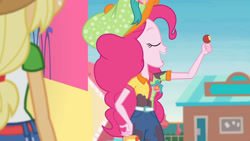 Size: 3410x1920 | Tagged: safe, imported from derpibooru, screencap, applejack, pinkie pie, equestria girls, equestria girls series, rollercoaster of friendship, applejack's hat, belt, clothes, cowboy hat, denim skirt, eyes closed, female, hat, high res, open mouth, skirt