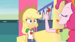 Size: 3410x1920 | Tagged: safe, imported from derpibooru, screencap, applejack, pinkie pie, equestria girls, equestria girls series, rollercoaster of friendship, applejack's hat, belt, clothes, cowboy hat, cutie mark, cutie mark on clothes, denim skirt, eyes closed, female, fun inspector, fun inspector pinkie, geode of super strength, hat, high res, jewelry, magical geodes, necklace, open mouth, skirt, tongue out