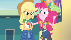 Size: 3410x1920 | Tagged: safe, imported from derpibooru, screencap, applejack, pinkie pie, equestria girls, equestria girls series, rollercoaster of friendship, apple, applejack's hat, belt, clothes, cowboy hat, cutie mark, cutie mark on clothes, denim skirt, female, food, geode of super strength, hat, high res, jewelry, lip bite, magical geodes, necklace, skirt, smiling