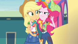 Size: 3410x1920 | Tagged: safe, imported from derpibooru, screencap, applejack, pinkie pie, equestria girls, equestria girls series, rollercoaster of friendship, apple, applejack's hat, belt, clothes, cowboy hat, cutie mark, cutie mark on clothes, denim skirt, female, food, geode of super strength, hat, high res, jewelry, magical geodes, necklace, skirt, smiling